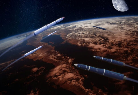 Rockets in space orbit Earth with the moon visible.