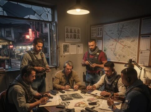 A group of tactical officers gathered around a table analyzing maps and documents