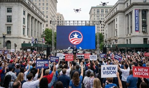 Crowd at a political rally holding signs and watching a speaker on stage
